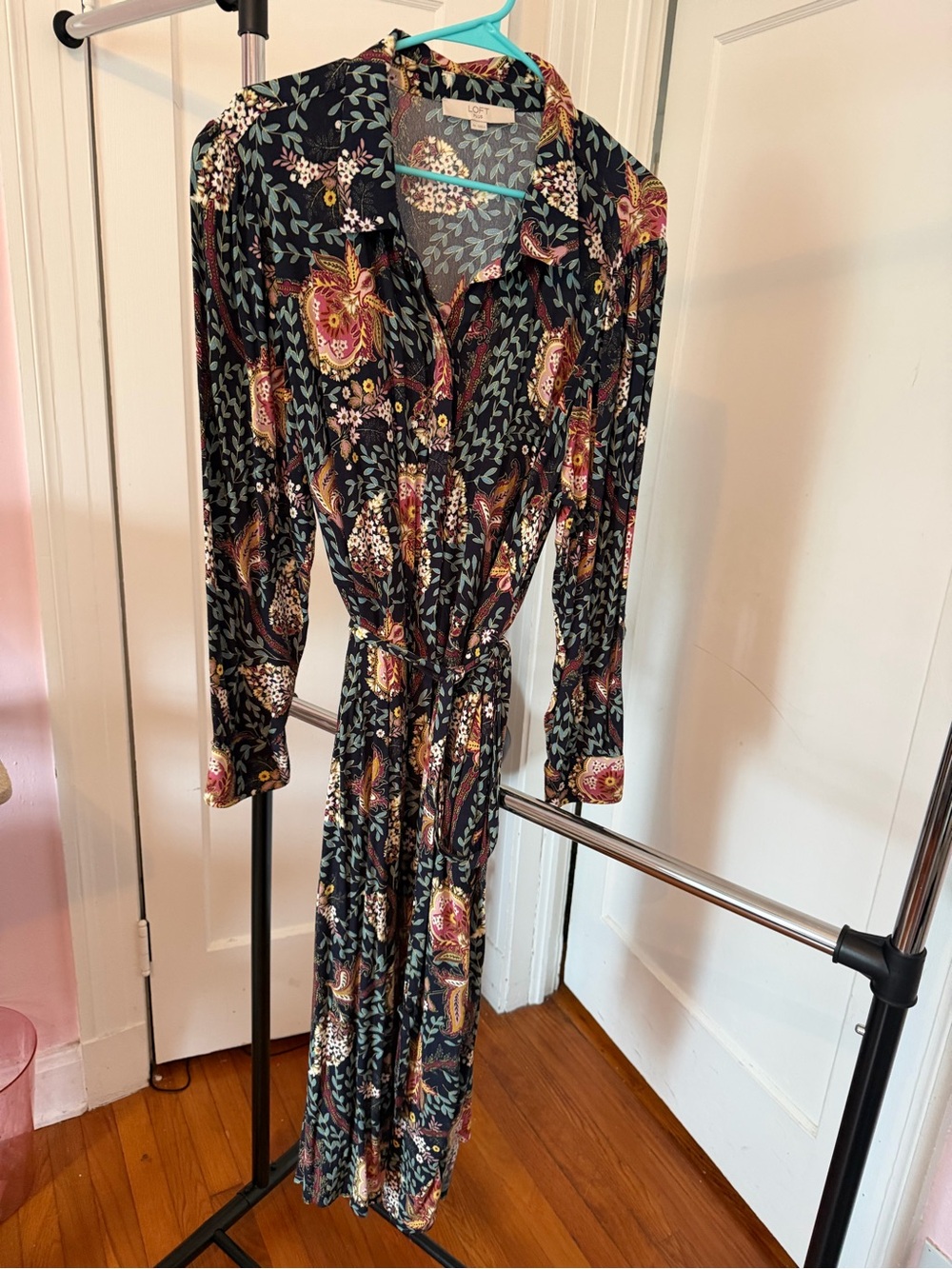 LOFT Plus Black Floral Paisley Long-Sleeve Maxi Dress